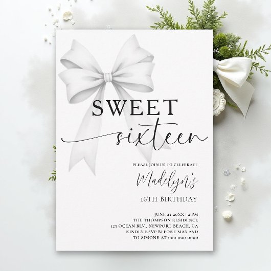 Invitation Bow Noir Blanc Moderne Élégant Simple Sweet 16