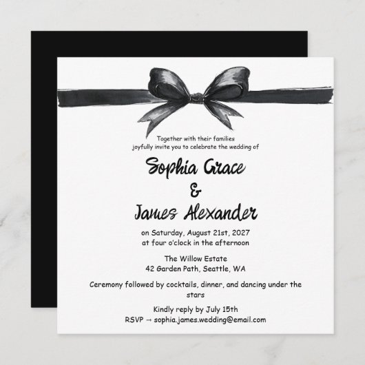 Invitation Bow noir et blanc | Mariage élégant | Monochrome (Devant / Derrière)