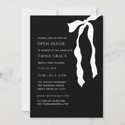Invitation Bow noir et blanc moderne Open house Graduation (Devant)