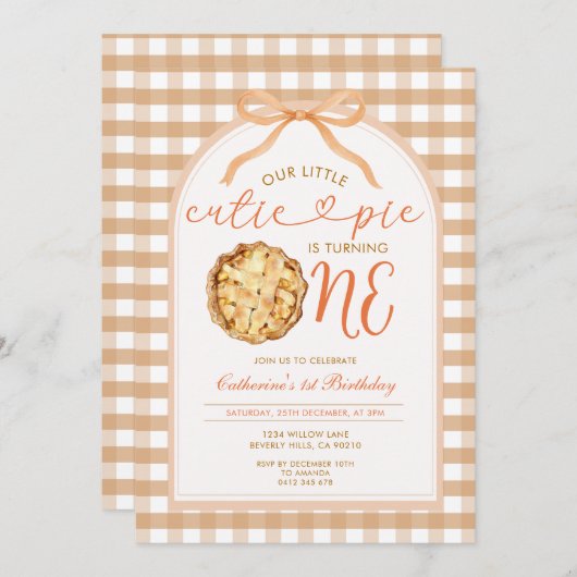 Invitation Bow Our Little Cutie Pie Automne En vichy 1er Anni (Devant / Derrière)