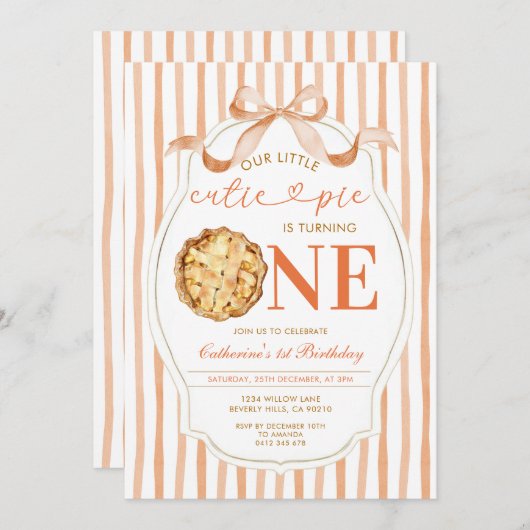 Invitation Bow Our Little Cutie Pie Fall Stripes 1er Annivers (Devant / Derrière)