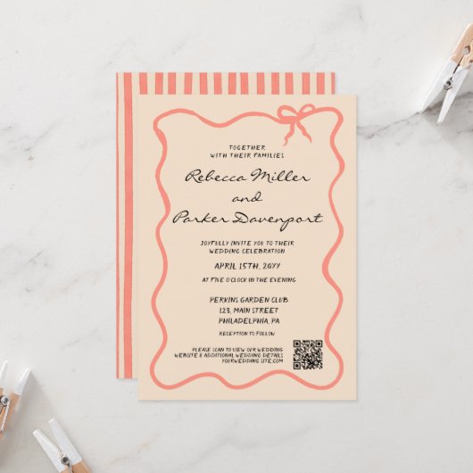 Invitation Bow Painted Pinstripes Wedding QR Code (Devant/Arrière en situation)