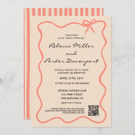 Invitation Bow Painted Pinstripes Wedding QR Code (Devant / Derrière)