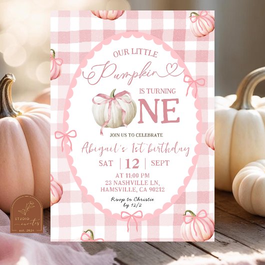 Invitation Bow Pink En vichy Citrouille 1er anniversaire