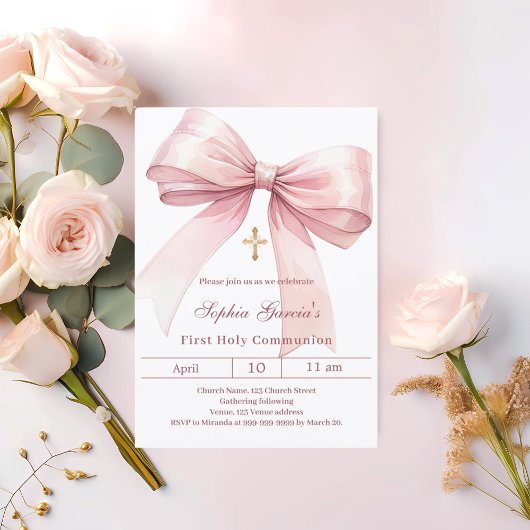Invitation Bow pink girl First Communion
