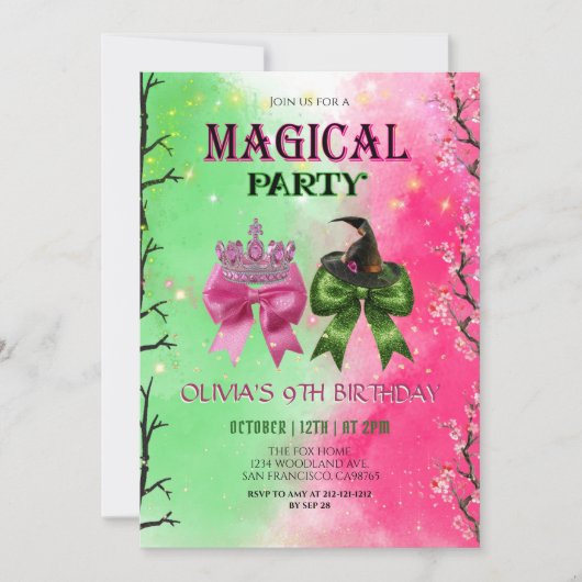 Invitation Bow pink & green Magical Witch Birthday (Devant)