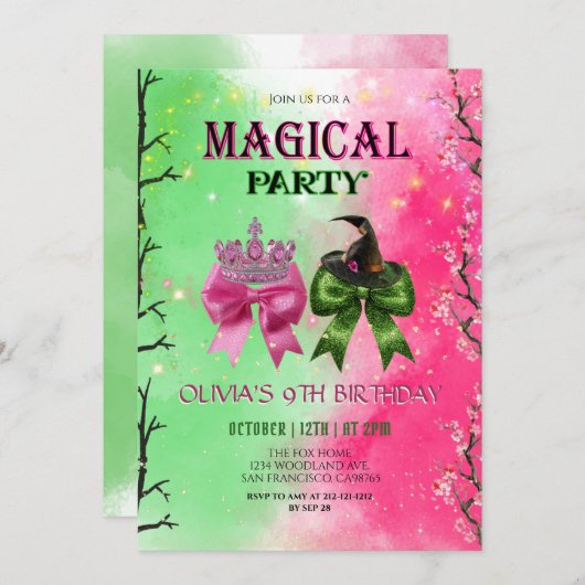 Invitation Bow pink & green Magical Witch Birthday (Devant / Derrière)