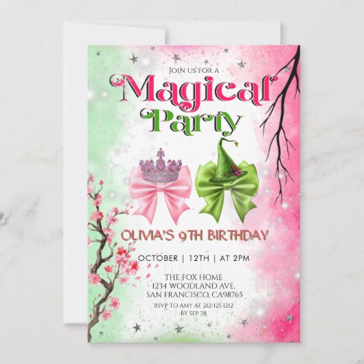 Invitation Bow pink & green Magical Witchy Birthday (Devant)