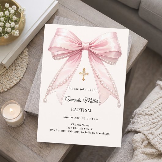 Invitation Bow Pink Ivory Pearls Girl Elegant Baptism