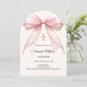 Invitation Bow Pink Ivory Pearls Girl Elegant Baptism Arch (Debout devant)