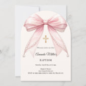 Invitation Bow Pink Ivory Pearls Girl Elegant Baptism Arch (Devant)