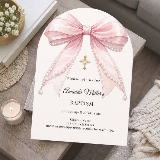 Invitation Bow Pink Ivory Pearls Girl Elegant Baptism Arch