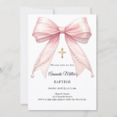 Invitation Bow Pink Pearls Girl Elegant Baptism (Devant)