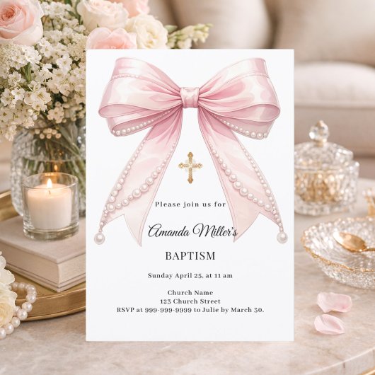 Invitation Bow Pink Pearls Girl Elegant Baptism