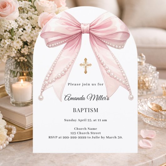 Invitation Bow Pink Pearls Girl Elegant Baptism Arch