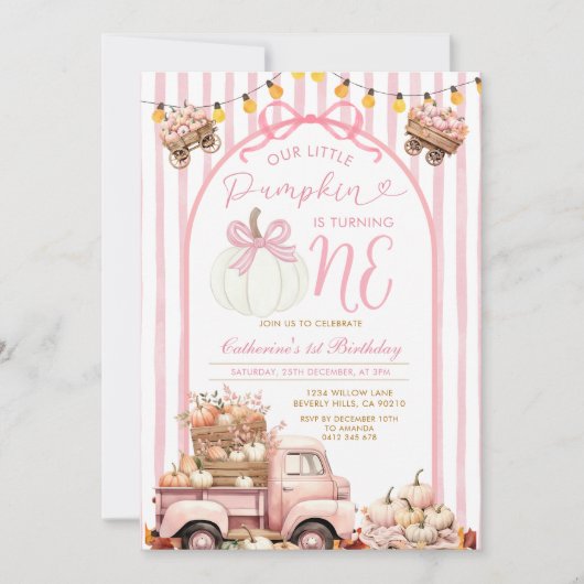 Invitation Bow Pink Truck Citrouille 1er Anniversaire Striday (Devant)