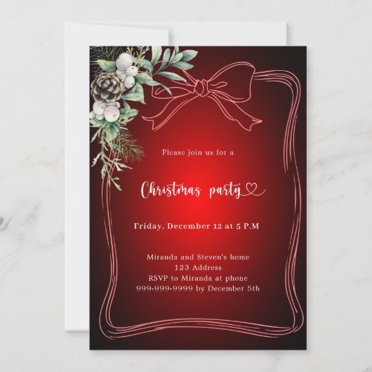 Invitation Bow red pine greenery Christmas Party (Devant)