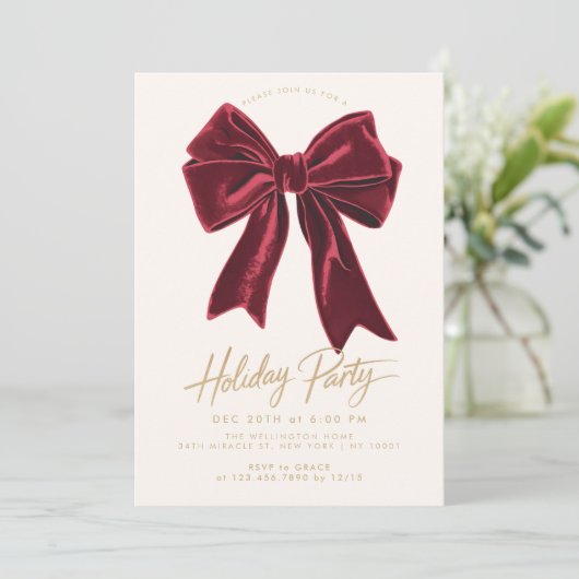 Invitation Bow Red Velvet Bow Élégante fête de Noël (Debout devant)