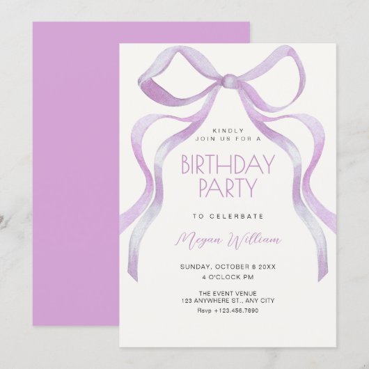 Invitation Bow ribbon birthday (Devant / Derrière)