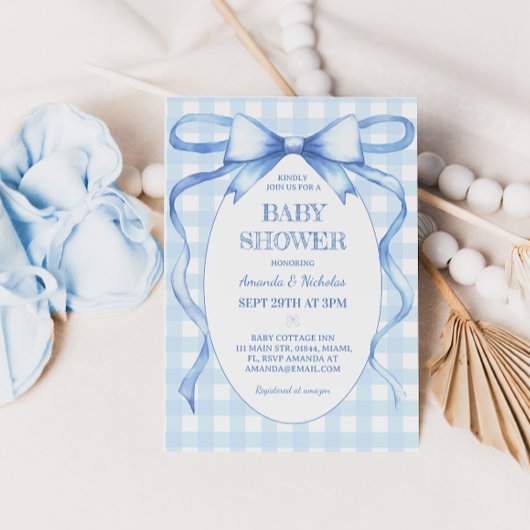 Invitation Bow Ribbon bleu En vichy bébé garçon douche