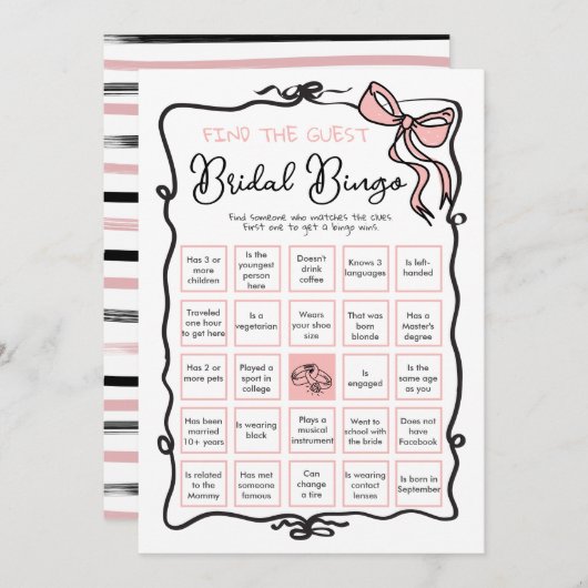 Invitation Bow Ribbon Fête des mariées Trouvez l'invité BINGO (Devant / Derrière)