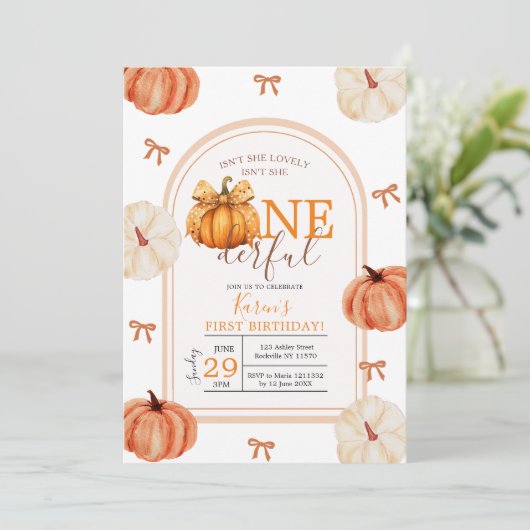 Invitation Bow Ribbon Isn't She Onederful Pumpkin Gingham (Debout devant)