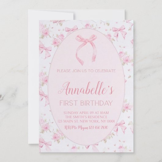 Invitation Bow rose 1er anniversaire Invitation, Bow rose flo (Devant)