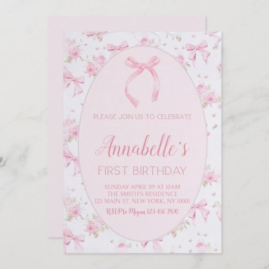 Invitation Bow rose 1er anniversaire Invitation, Bow rose flo (Devant / Derrière)