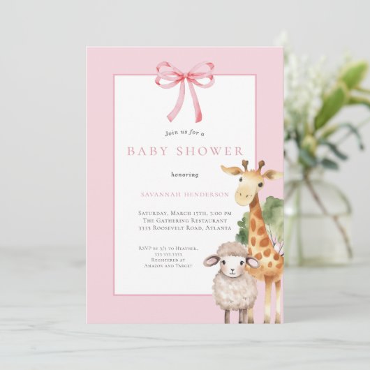 Invitation Bow rose Baby shower d'animaux en bois (Debout devant)