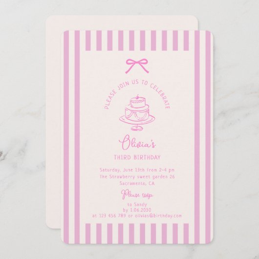 Invitation Bow rose, Barré rose | Anniversaire pourpre (Devant / Derrière)