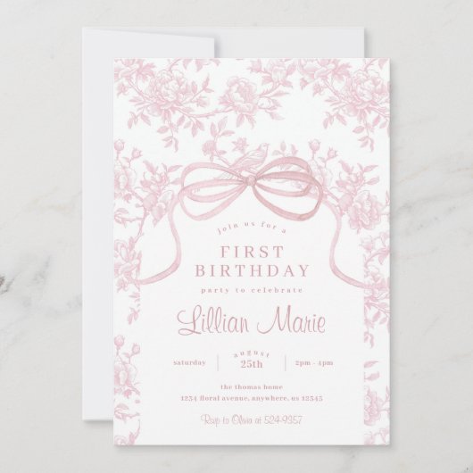 Invitation Bow rose clair et toile Anniversaire (Devant)