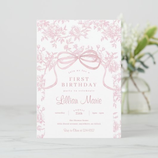Invitation Bow rose clair et toile Anniversaire (Debout devant)