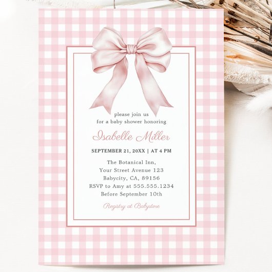 Invitation Bow rose classique En vichy Baby shower fille