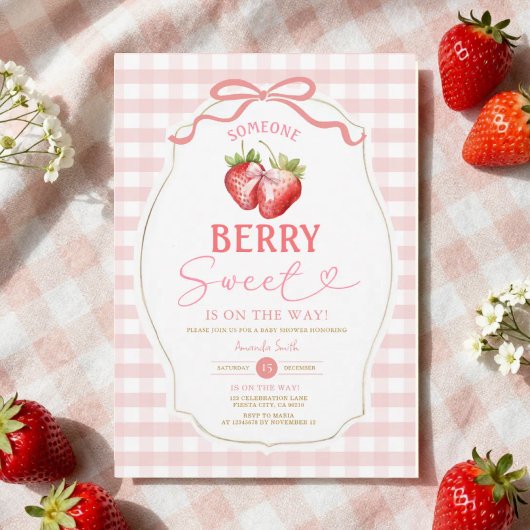 Invitation Bow rose En vichy Baby shower aux fraises