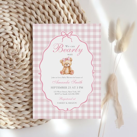 Invitation Bow rose En vichy Teddy Bear Baby shower