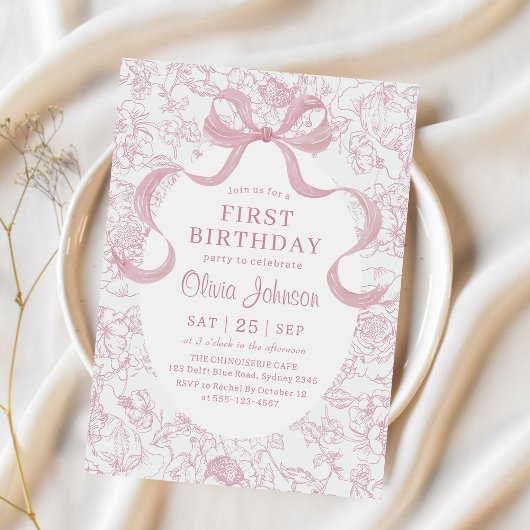 Invitation Bow rose Floral Chinoiserie Toile Anniversaire