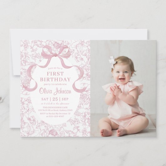 Invitation Bow rose Floral Chinoiserie Toile Anniversaire Pho (Devant)