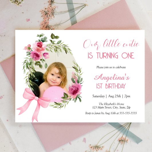 Invitation Bow rose Floral Little Cutie Photo Anniversaire