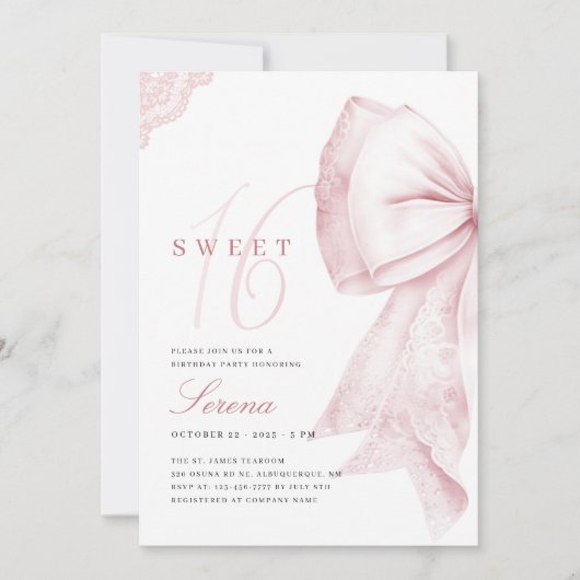 Invitation Bow rose pâle 16 anniversaire (Devant)