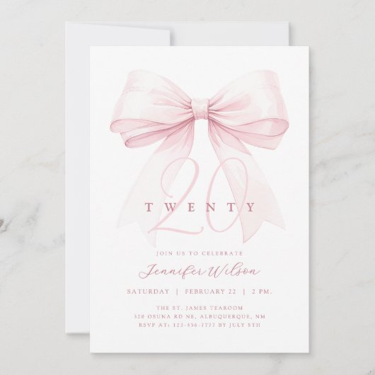 Invitation Bow rose pâle Vingt Anniversaire (Devant)