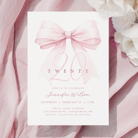 Invitation Bow rose pâle Vingt Anniversaire