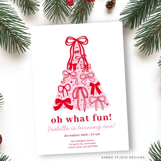 Invitation Bow rose & rouge moderne 1er anniversaire