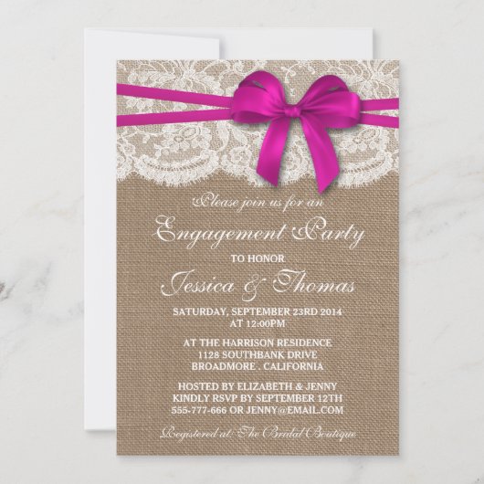 Invitation Bow rose Russe Burlap & Lace Engagement Party (Devant)