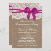 Invitation Bow rose Russe Burlap & Lace Engagement Party (Devant / Derrière)