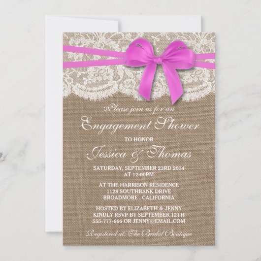 Invitation Bow rose Rustique Burlap & dentelle Fiançailles do (Devant)