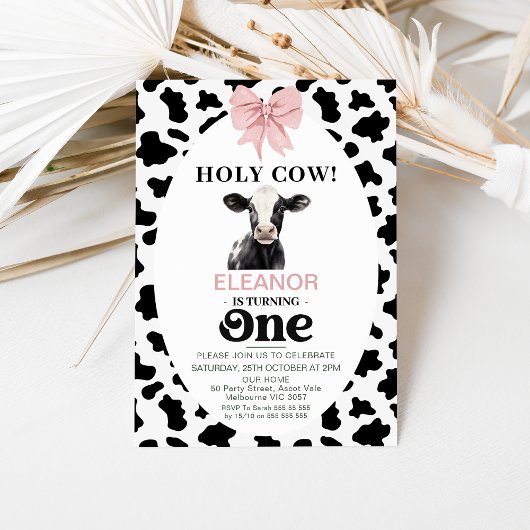 Invitation Bow rose Vache noire Imprimer Vache sainte 1er ann