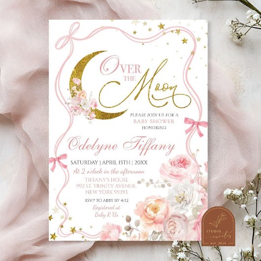 Invitation Bow rose Vive Au-Dessus Du Baby shower Fille Lune