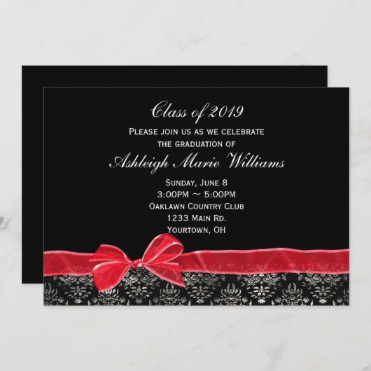 Invitation Bow rouge avec bordure en damas pour Grad (Devant / Derrière)