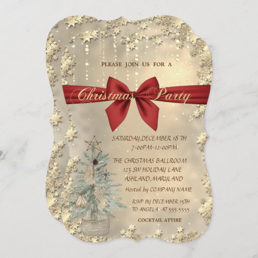 Invitation Bow rouge de Noël, Aquarelle Pine Tree, Etoiles d' (Devant / Derrière)