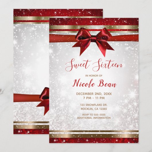 Invitation Bow rouge & or blanc étincelle Holiday Sweet 16 (Devant / Derrière)